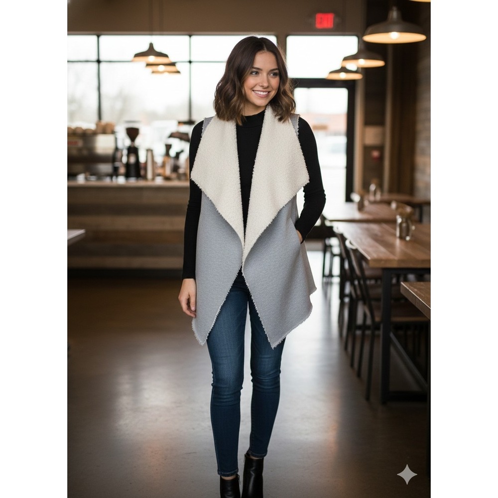 Women's Gray and Cream Open Front Sweater Vest